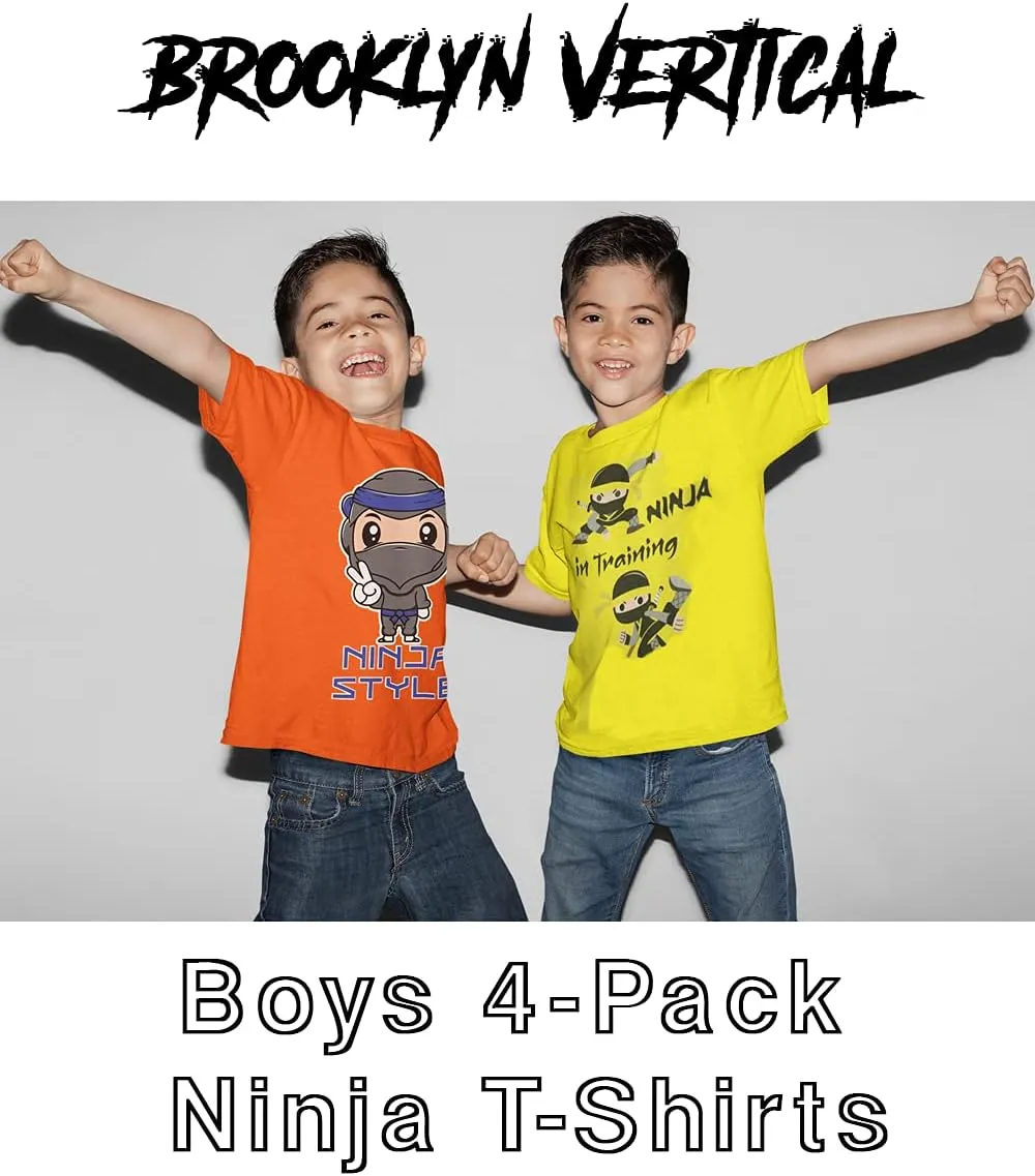 BROOKLYN VERTICAL 4-Pack Boys Ninja Short Sleeve Crew Neck T-Shirt with Chest Print | Soft Cotton Sizes 6-20