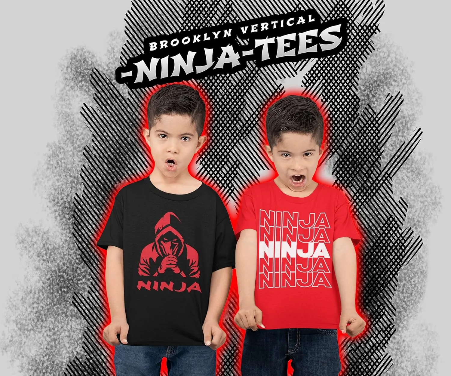 BROOKLYN VERTICAL 4-Pack Boys Ninja Short Sleeve Crew Neck T-Shirt with Chest Print | Soft Cotton Sizes 6-20