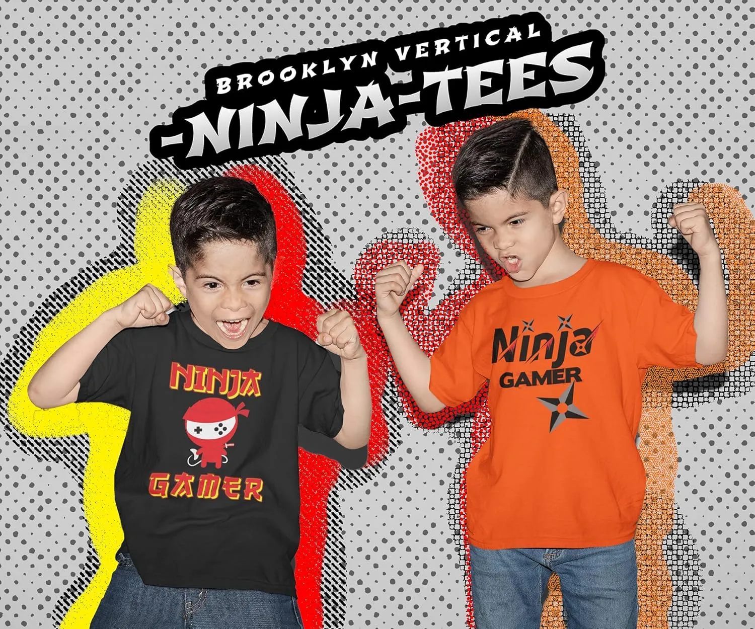 BROOKLYN VERTICAL 4-Pack Boys Ninja Short Sleeve Crew Neck T-Shirt with Chest Print | Soft Cotton Sizes 6-20
