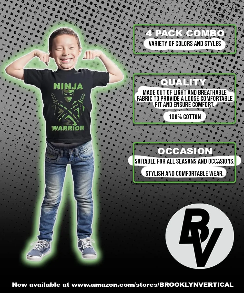 BROOKLYN VERTICAL 4-Pack Boys Ninja Short Sleeve Crew Neck T-Shirt with Chest Print | Soft Cotton Sizes 6-20
