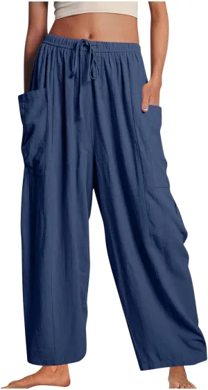 BZGTZT Women's Wide Leg Pants Elastic Waist Drawstring Casual Pants Straight Leg Lightweight Loose Trousers with Pockets
