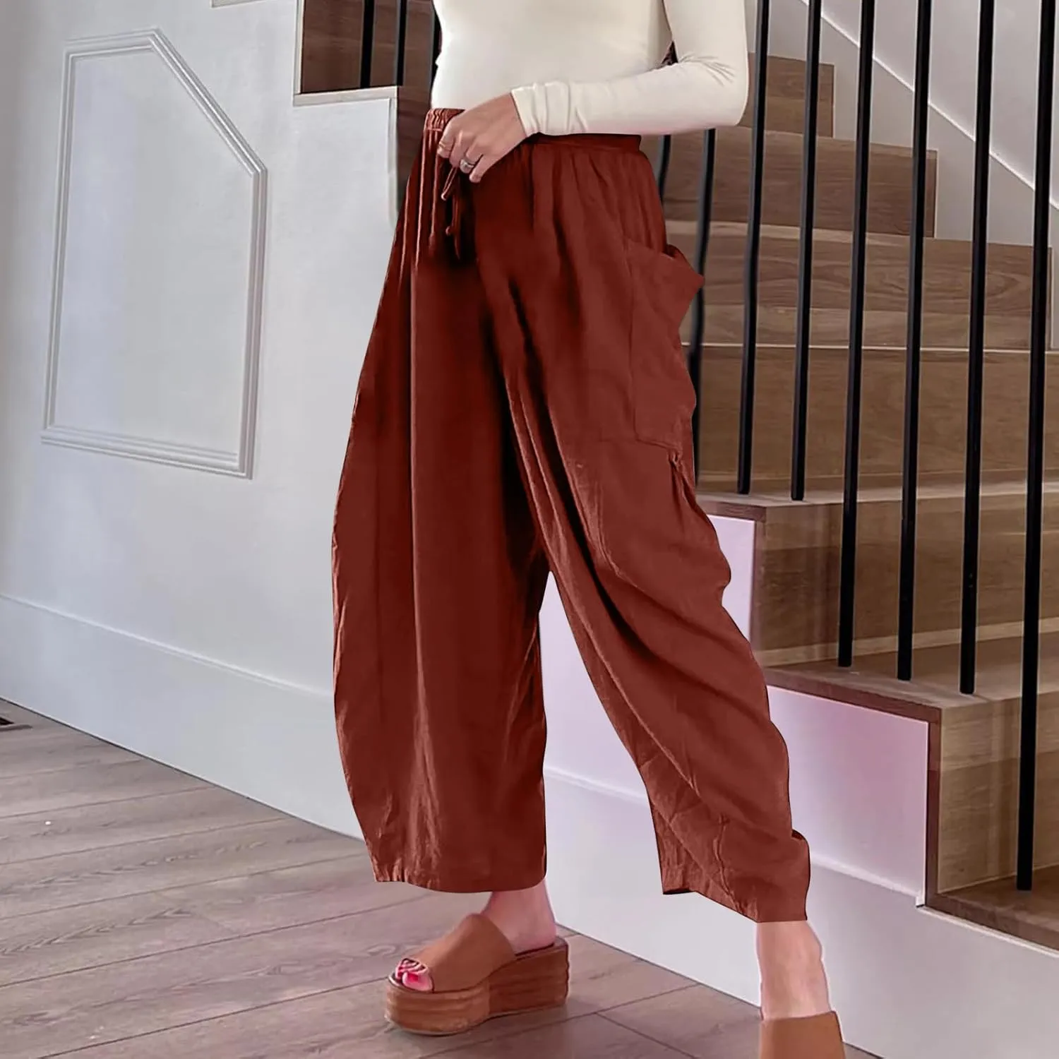 BZGTZT Women's Wide Leg Pants Elastic Waist Drawstring Casual Pants Straight Leg Lightweight Loose Trousers with Pockets