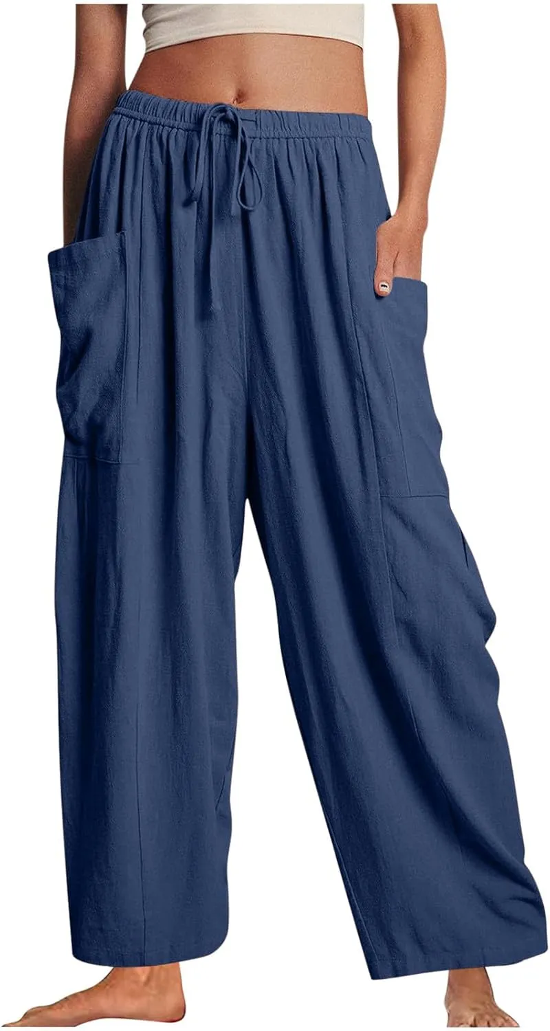 BZGTZT Women's Wide Leg Pants Elastic Waist Drawstring Casual Pants Straight Leg Lightweight Loose Trousers with Pockets