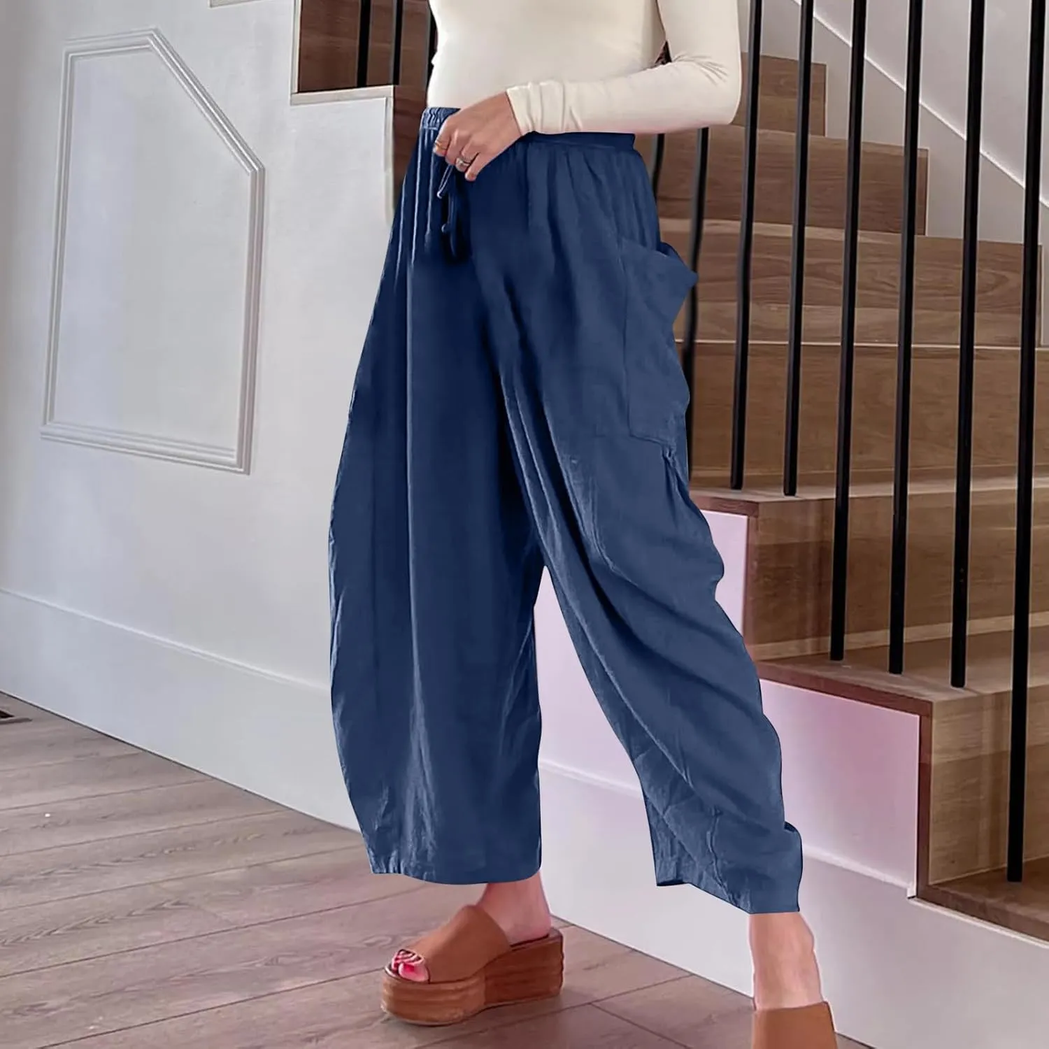 BZGTZT Women's Wide Leg Pants Elastic Waist Drawstring Casual Pants Straight Leg Lightweight Loose Trousers with Pockets