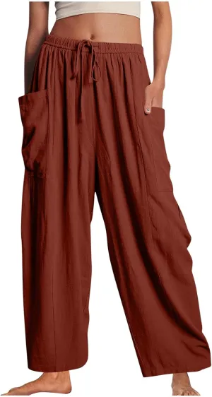 BZGTZT Women's Wide Leg Pants Elastic Waist Drawstring Casual Pants Straight Leg Lightweight Loose Trousers with Pockets