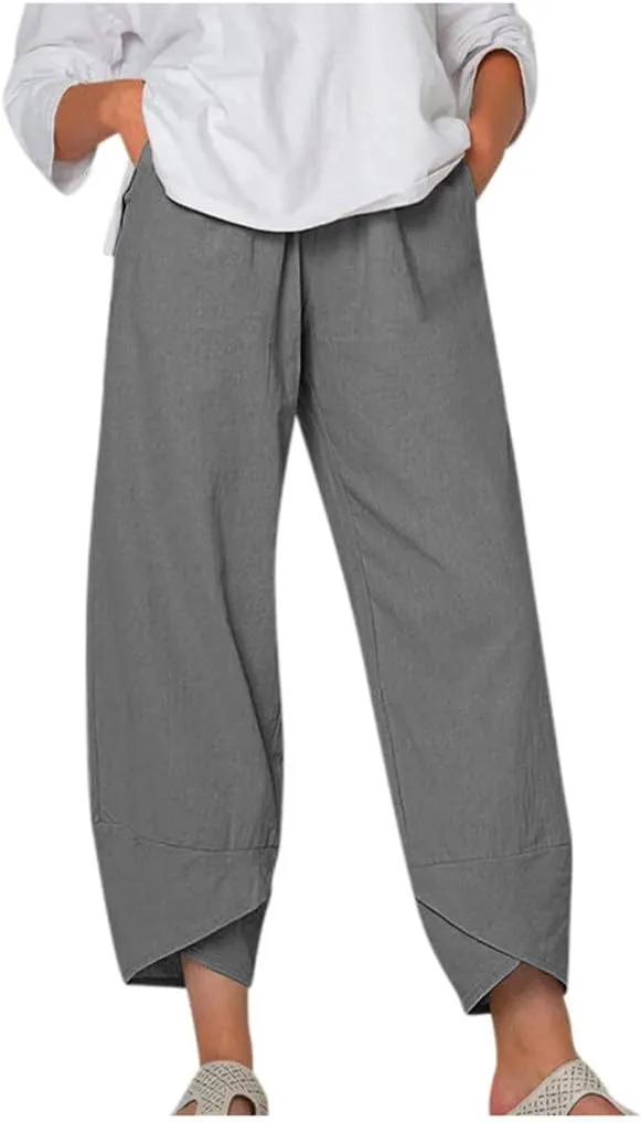 Capri Pants for Women Cotton Linen Wide Leg Capris Womens Summer Cropped Pants Beach Elastic Waist Baggy Crop Trousers