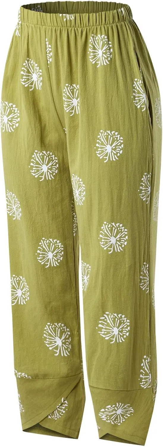 Capri Pants for Women Cotton Linen Wide Leg Capris Womens Summer Cropped Pants Beach Elastic Waist Baggy Crop Trousers