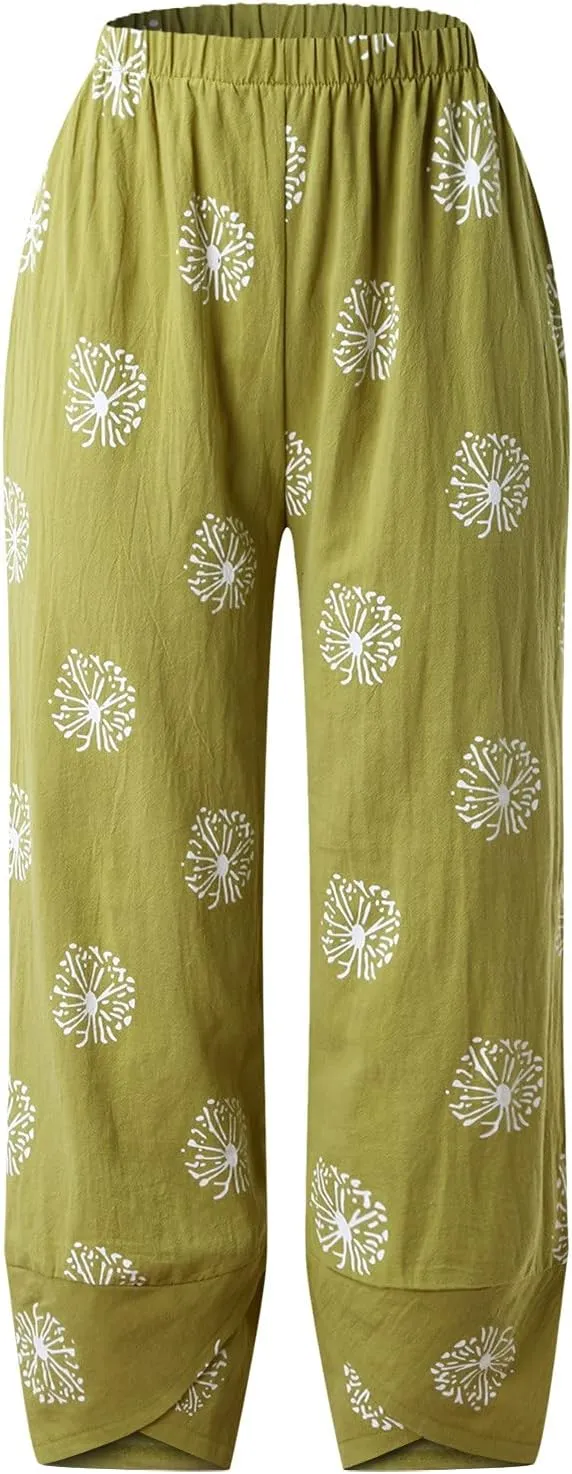 Capri Pants for Women Cotton Linen Wide Leg Capris Womens Summer Cropped Pants Beach Elastic Waist Baggy Crop Trousers