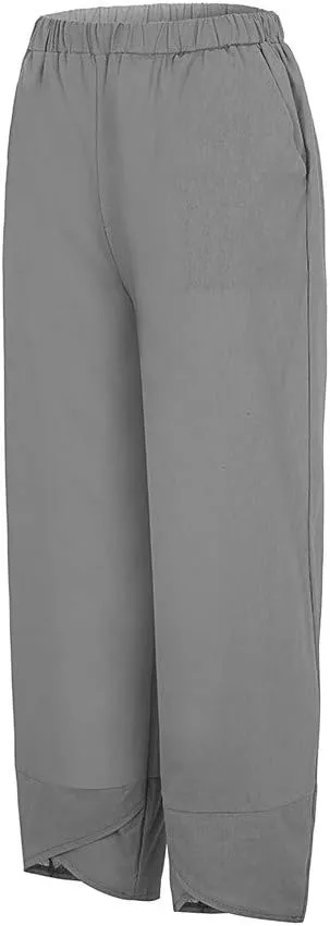 Capri Pants for Women Cotton Linen Wide Leg Capris Womens Summer Cropped Pants Beach Elastic Waist Baggy Crop Trousers