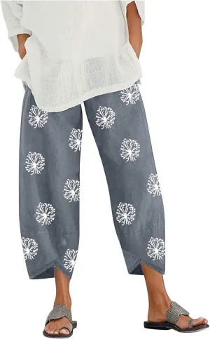 Capri Pants for Women Cotton Linen Wide Leg Capris Womens Summer Cropped Pants Beach Elastic Waist Baggy Crop Trousers
