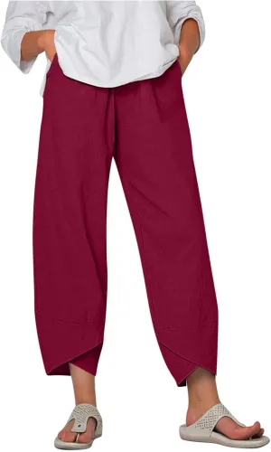 Capri Pants for Women Cotton Linen Wide Leg Capris Womens Summer Cropped Pants Beach Elastic Waist Baggy Crop Trousers