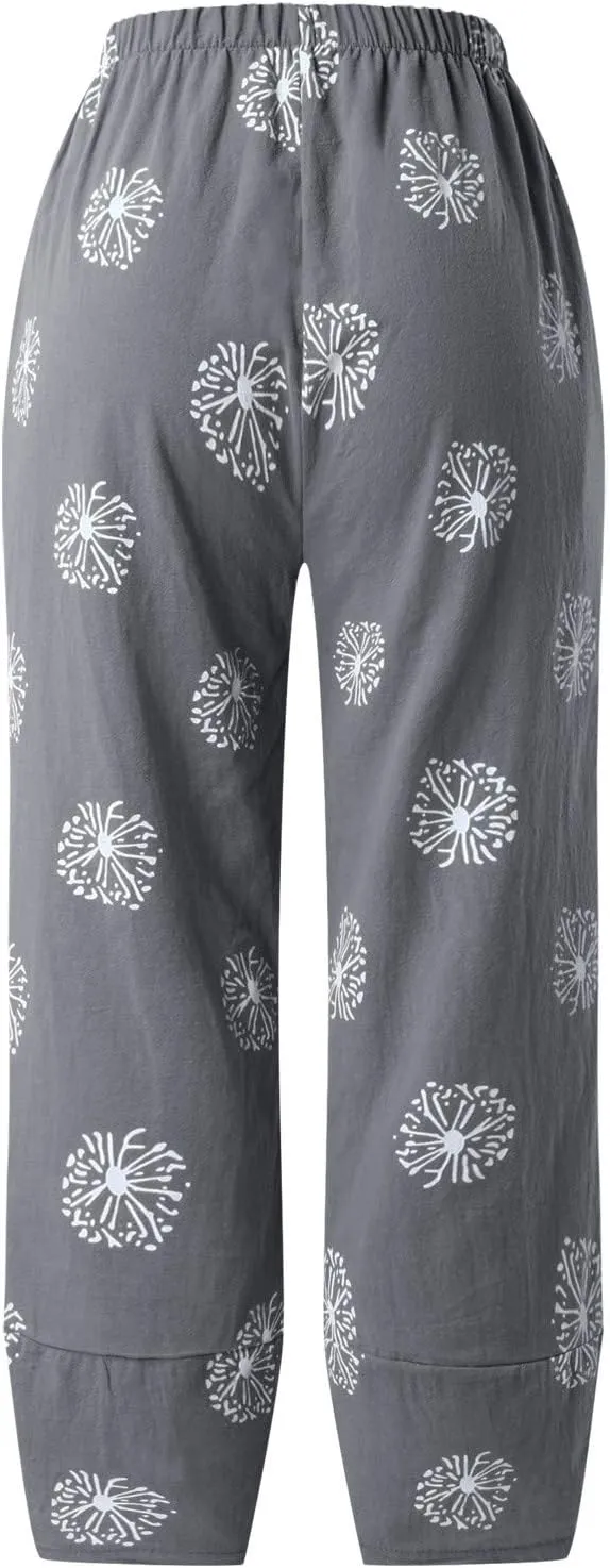 Capri Pants for Women Cotton Linen Wide Leg Capris Womens Summer Cropped Pants Beach Elastic Waist Baggy Crop Trousers