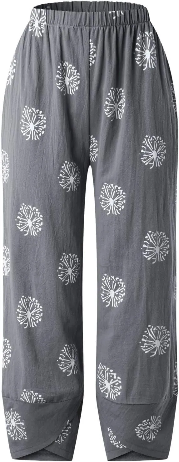 Capri Pants for Women Cotton Linen Wide Leg Capris Womens Summer Cropped Pants Beach Elastic Waist Baggy Crop Trousers