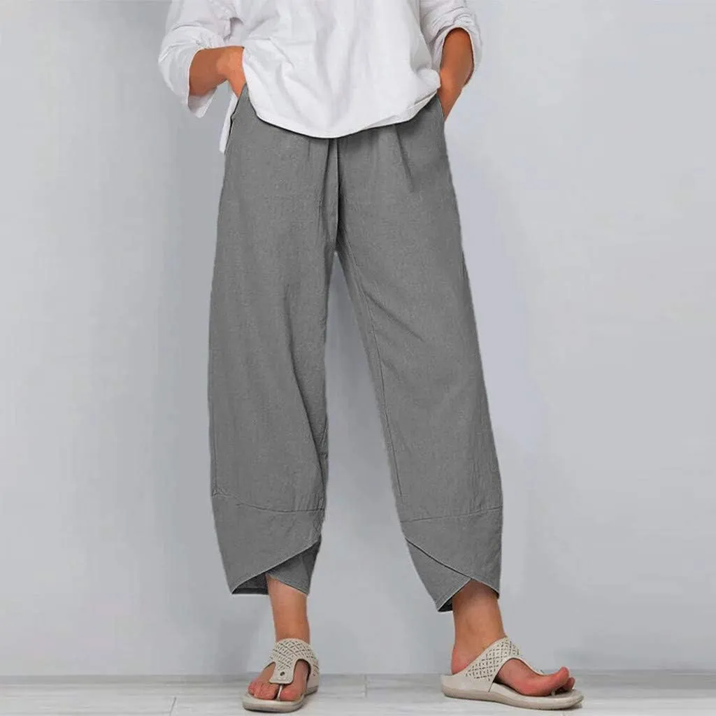 Capri Pants for Women Cotton Linen Wide Leg Capris Womens Summer Cropped Pants Beach Elastic Waist Baggy Crop Trousers