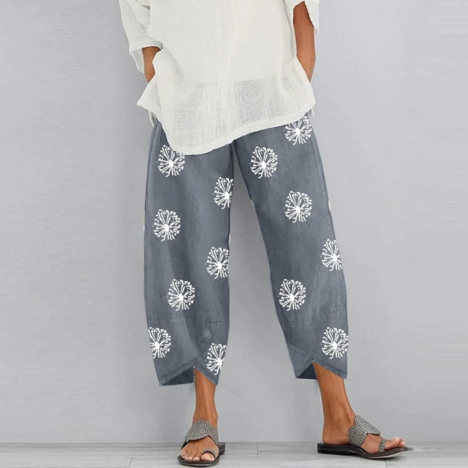 Capri Pants for Women Cotton Linen Wide Leg Capris Womens Summer Cropped Pants Beach Elastic Waist Baggy Crop Trousers