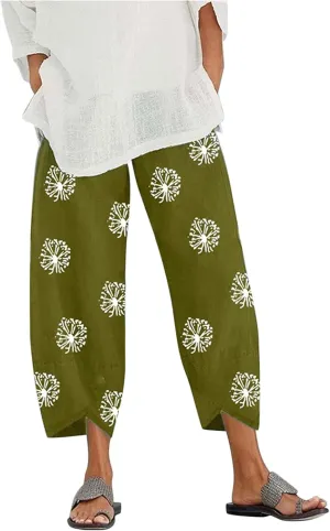 Capri Pants for Women Cotton Linen Wide Leg Capris Womens Summer Cropped Pants Beach Elastic Waist Baggy Crop Trousers