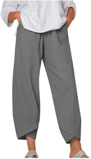 Capri Pants for Women Cotton Linen Wide Leg Capris Womens Summer Cropped Pants Beach Elastic Waist Baggy Crop Trousers
