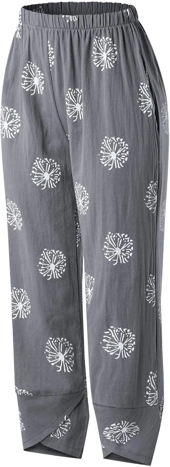 Capri Pants for Women Cotton Linen Wide Leg Capris Womens Summer Cropped Pants Beach Elastic Waist Baggy Crop Trousers