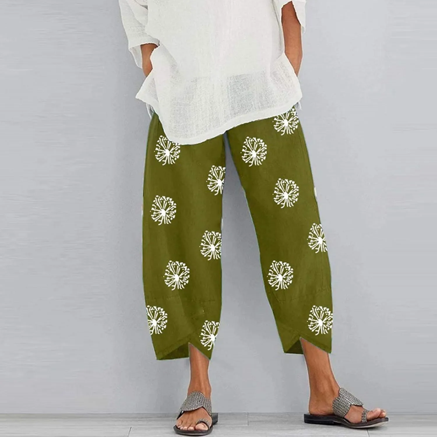 Capri Pants for Women Cotton Linen Wide Leg Capris Womens Summer Cropped Pants Beach Elastic Waist Baggy Crop Trousers