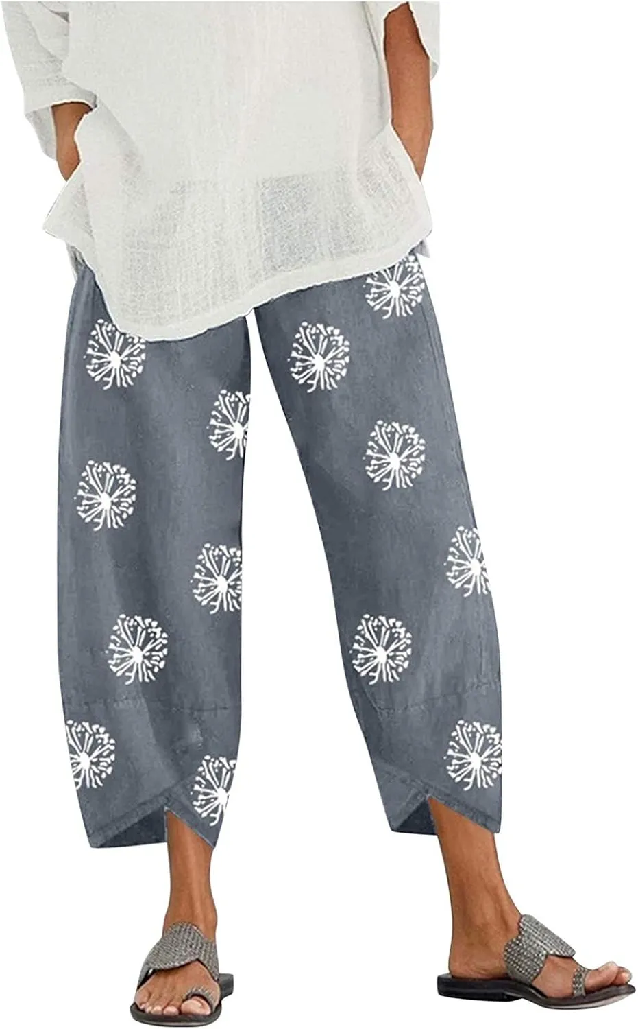 Capri Pants for Women Cotton Linen Wide Leg Capris Womens Summer Cropped Pants Beach Elastic Waist Baggy Crop Trousers