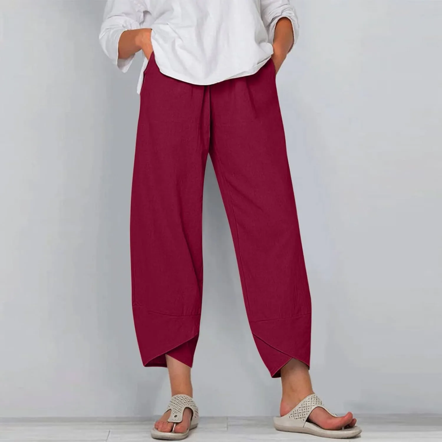 Capri Pants for Women Cotton Linen Wide Leg Capris Womens Summer Cropped Pants Beach Elastic Waist Baggy Crop Trousers