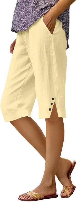 Capri Pants for Women Linen Elastic Weight Drawstring Pant 2025 Summer Casual Cotton Wide Leg Trouser with Pockets