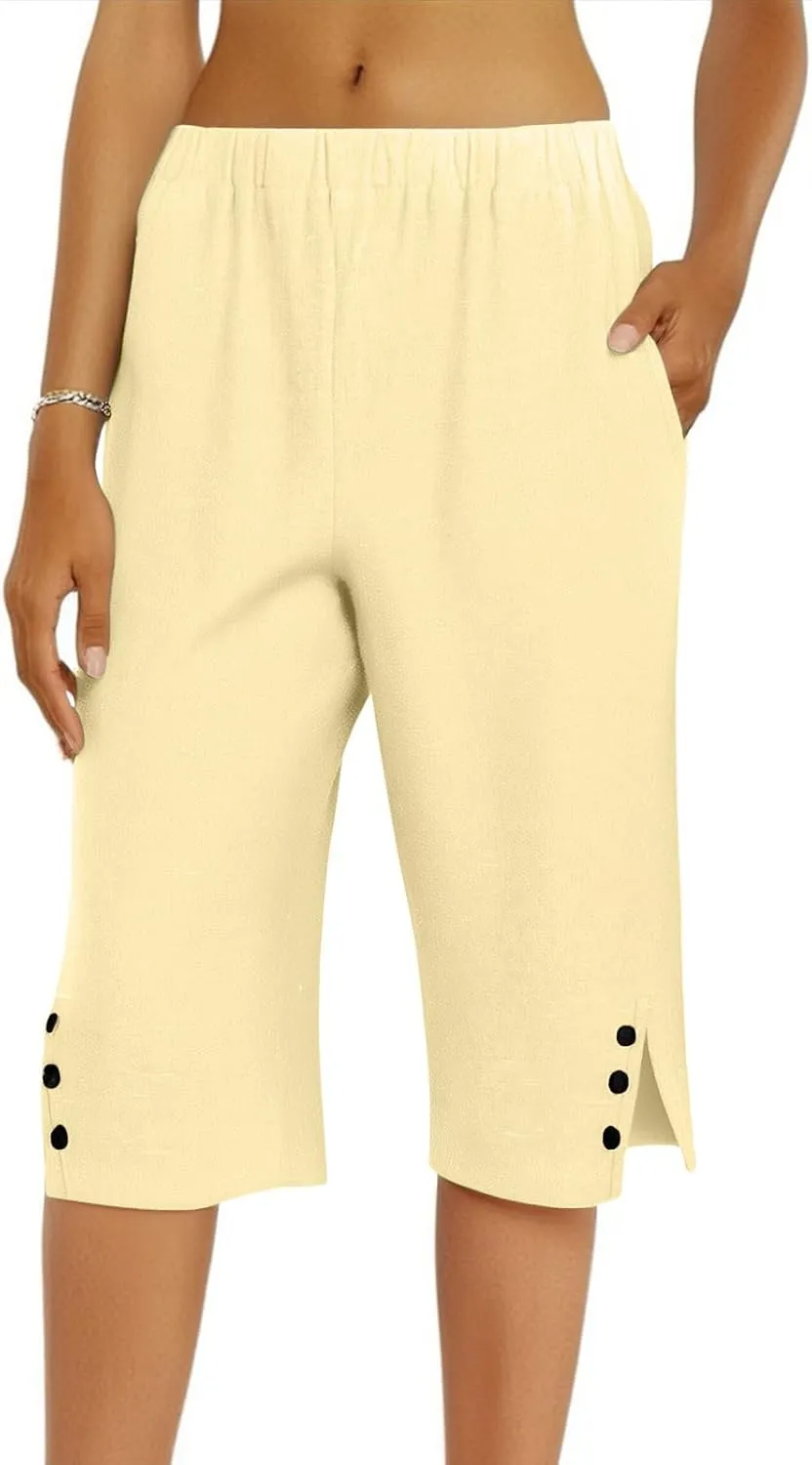 Capri Pants for Women Linen Elastic Weight Drawstring Pant 2025 Summer Casual Cotton Wide Leg Trouser with Pockets