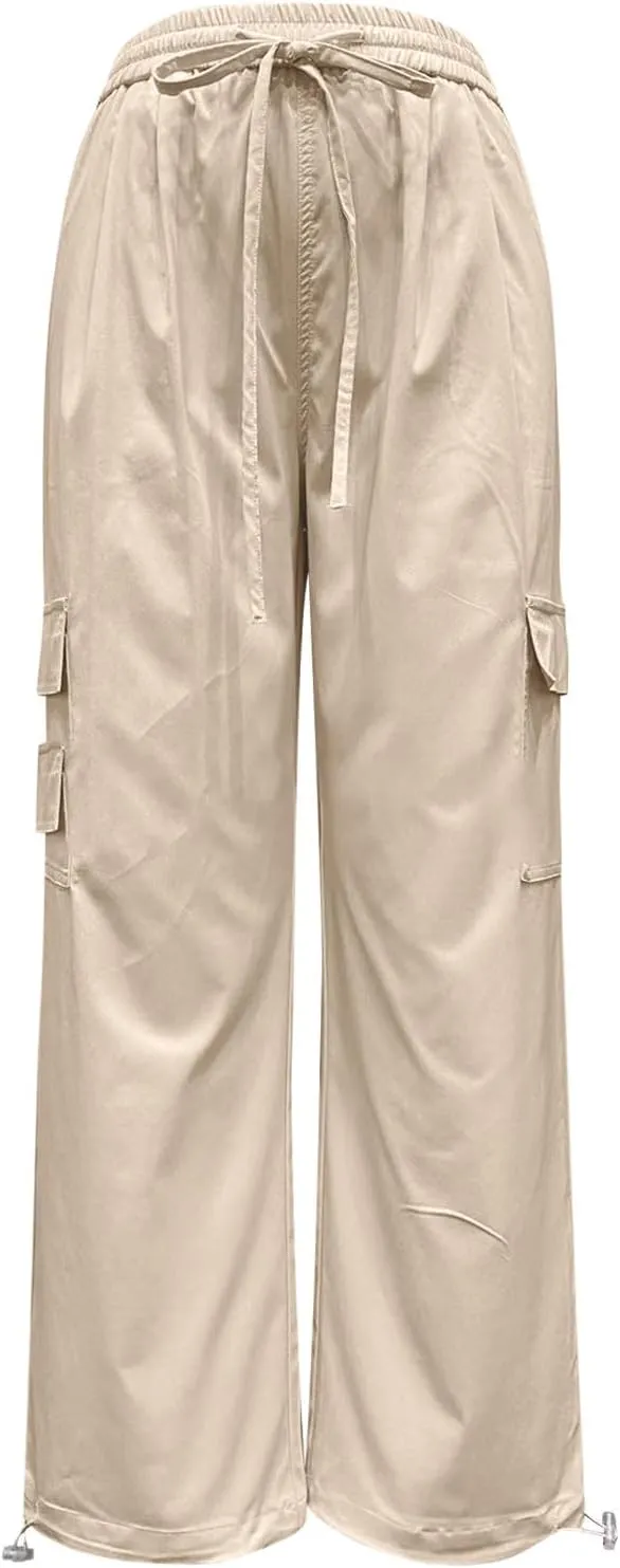 Cargo Pants for Women Casual Elastic Waist Drawstring Pants Straight Leg Comfy Y2k Trousers Streetwear with Pockets