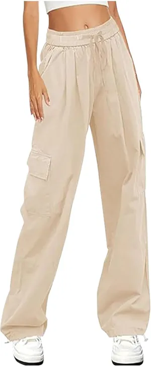 Cargo Pants for Women Casual Elastic Waist Drawstring Pants Straight Leg Comfy Y2k Trousers Streetwear with Pockets