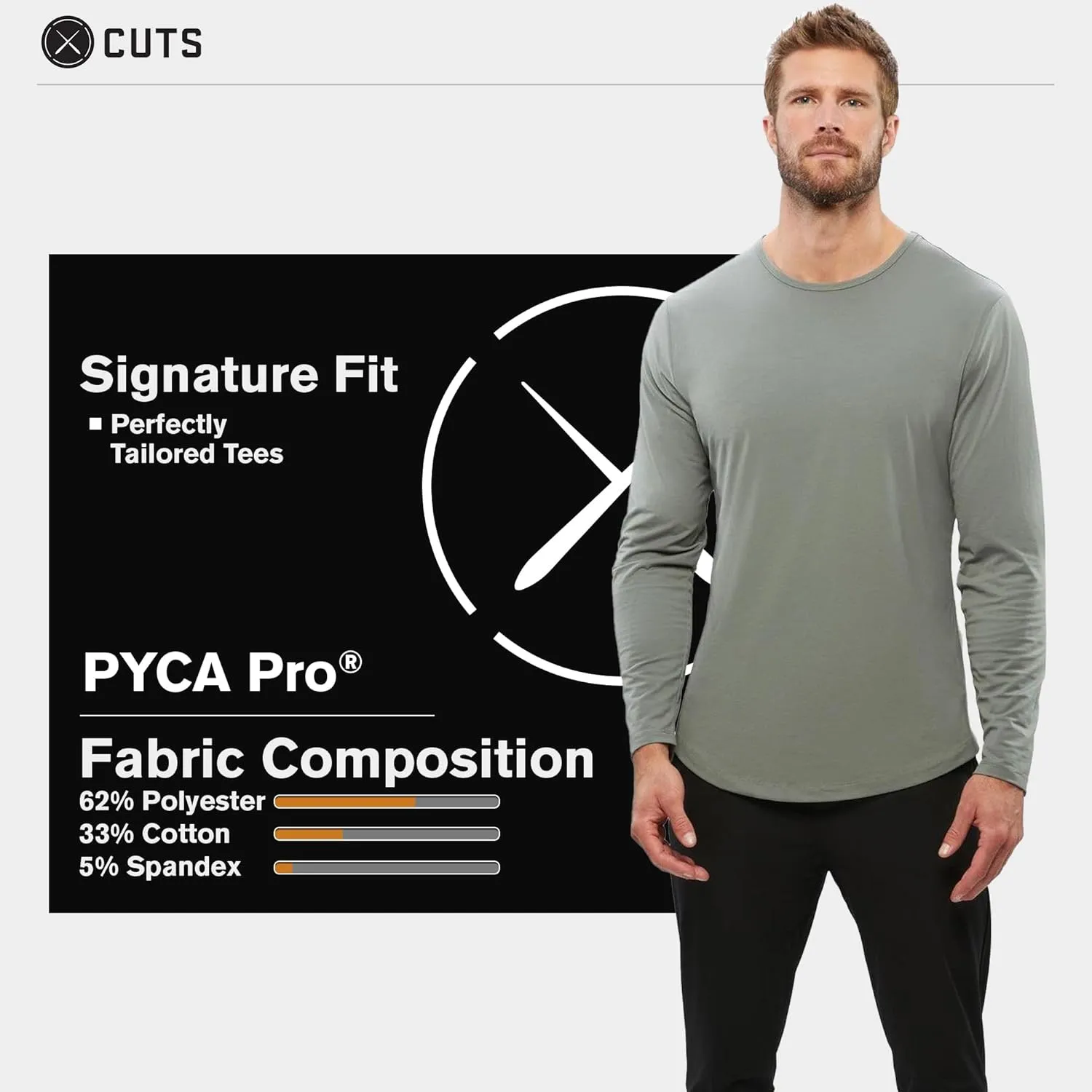 Clothing Men's Premium AO Casual Crew Neck Long Sleeve Shirt | Classic Curve Hem | PYCA Pro Soft Fabric