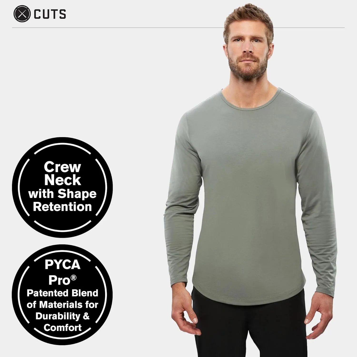 Clothing Men's Premium AO Casual Crew Neck Long Sleeve Shirt | Classic Curve Hem | PYCA Pro Soft Fabric