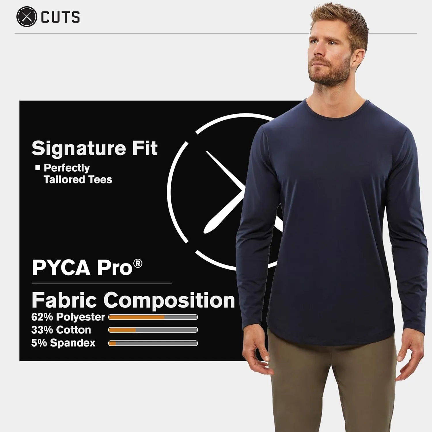 Clothing Men's Premium AO Casual Crew Neck Long Sleeve Shirt | Classic Curve Hem | PYCA Pro Soft Fabric