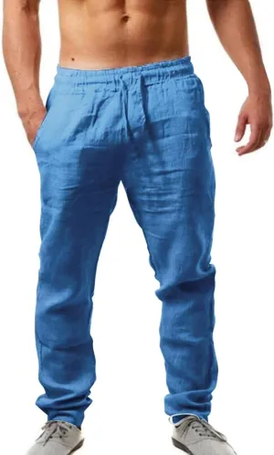 Cotton Linen Pants for Mens Casual Lightweight Loose Breathable Elastic Waist Drawstring Trousers Fashion Sweatpants