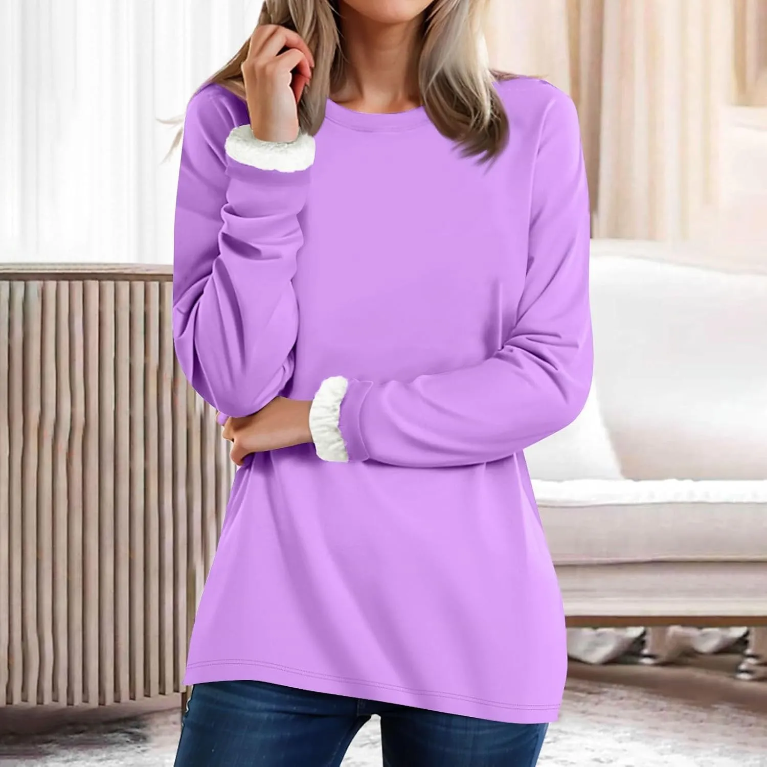 Crewneck Sweatshirt for Women 2024 Winter Warm Sherpa Lined Fleece Sweaters Long Sleeve Pullover Tops Comfy Soft