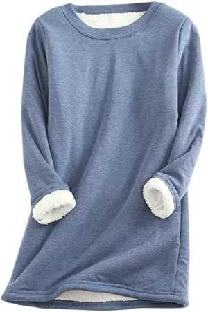 Crewneck Sweatshirt for Women 2024 Winter Warm Sherpa Lined Fleece Sweaters Long Sleeve Pullover Tops Comfy Soft