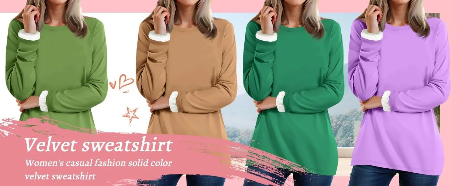 Crewneck Sweatshirt for Women 2024 Winter Warm Sherpa Lined Fleece Sweaters Long Sleeve Pullover Tops Comfy Soft