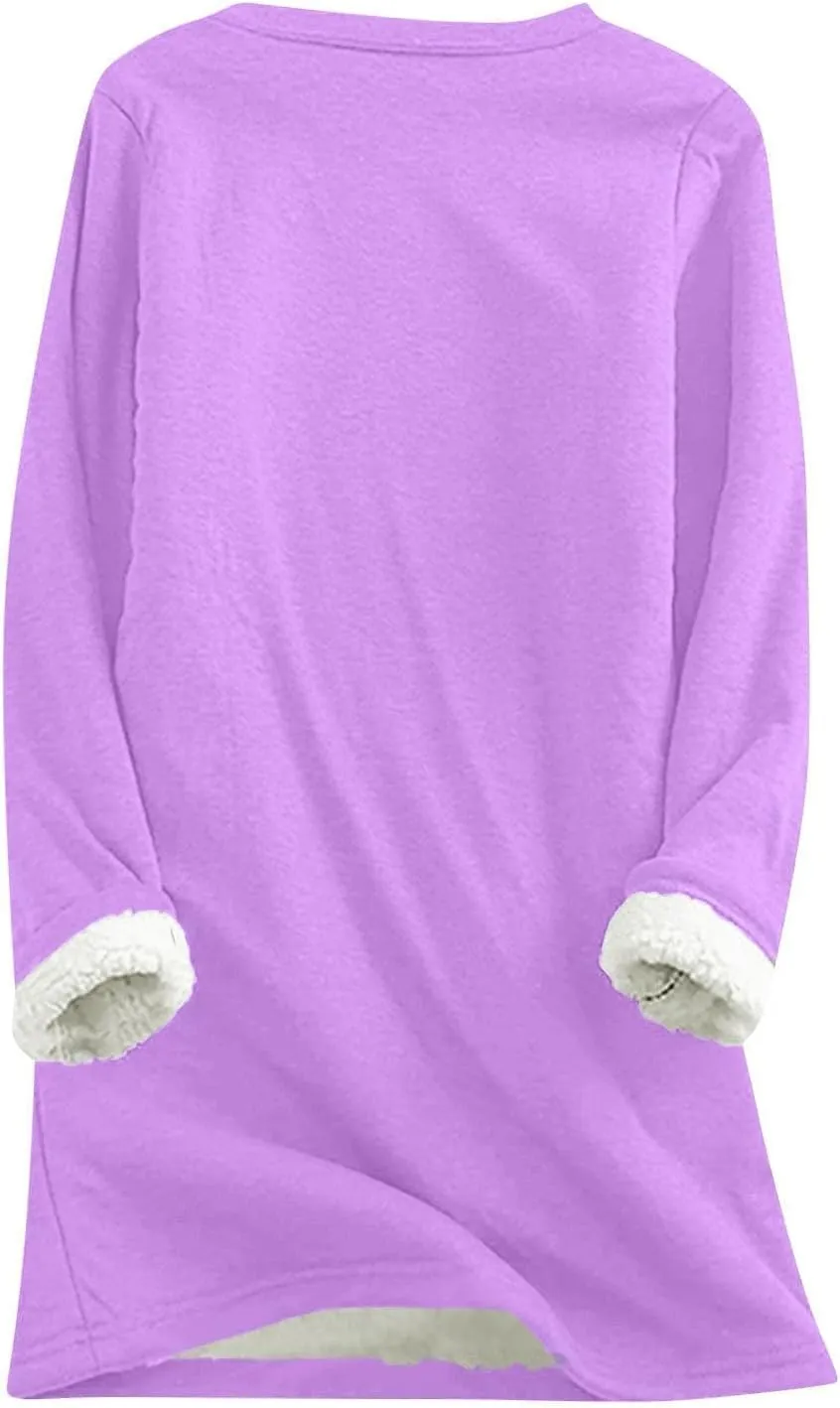 Crewneck Sweatshirt for Women 2024 Winter Warm Sherpa Lined Fleece Sweaters Long Sleeve Pullover Tops Comfy Soft