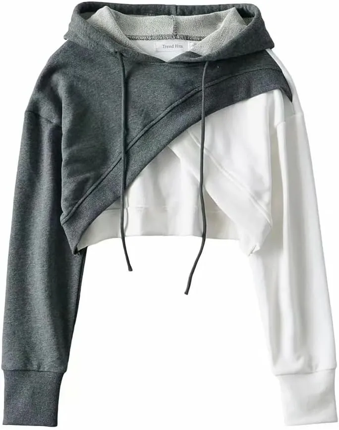 Crop Hoodies for Women Long Sleeve Color Block Super Cropped Pullover Sweatshirt Tops