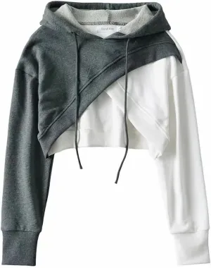 Crop Hoodies for Women Long Sleeve Color Block Super Cropped Pullover Sweatshirt Tops