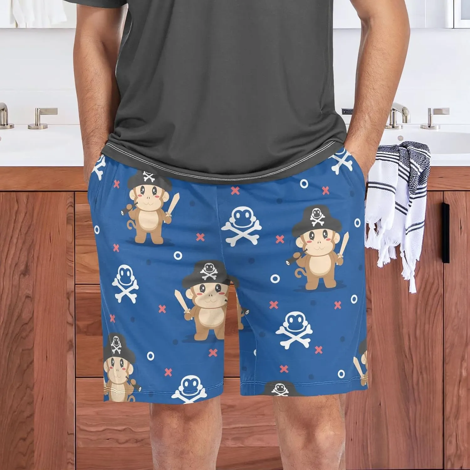 Cute Pirate Monkey Cartoon Trendy Pattern Men's Pajama Pants Shorts Sleepwear Lounge Pajama Bottoms