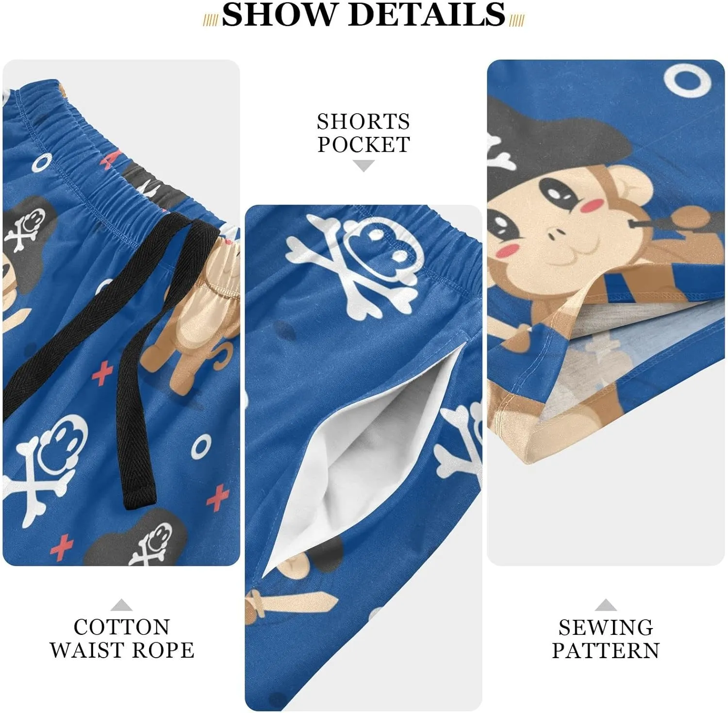 Cute Pirate Monkey Cartoon Trendy Pattern Men's Pajama Pants Shorts Sleepwear Lounge Pajama Bottoms