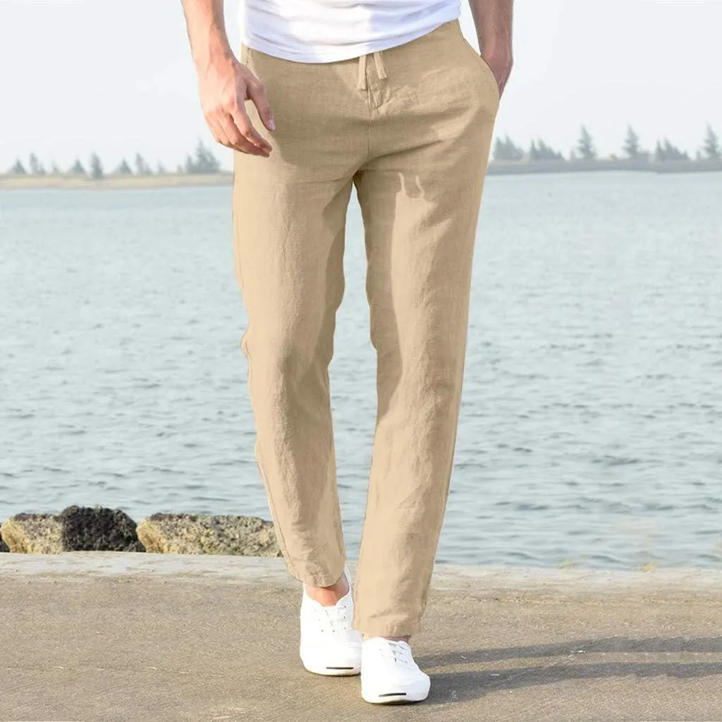 Dademeo Men Casual Pants Cotton Solid Elastic Waist Drawstring Long Pants Breathable Trousers Lounge Lightweight Chino Pants