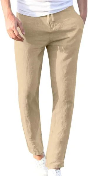 Dademeo Men Casual Pants Cotton Solid Elastic Waist Drawstring Long Pants Breathable Trousers Lounge Lightweight Chino Pants