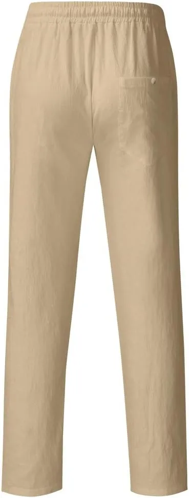 Dademeo Men Casual Pants Cotton Solid Elastic Waist Drawstring Long Pants Breathable Trousers Lounge Lightweight Chino Pants