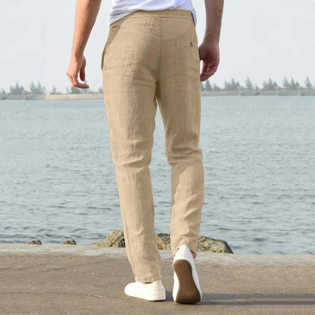 Dademeo Men Casual Pants Cotton Solid Elastic Waist Drawstring Long Pants Breathable Trousers Lounge Lightweight Chino Pants