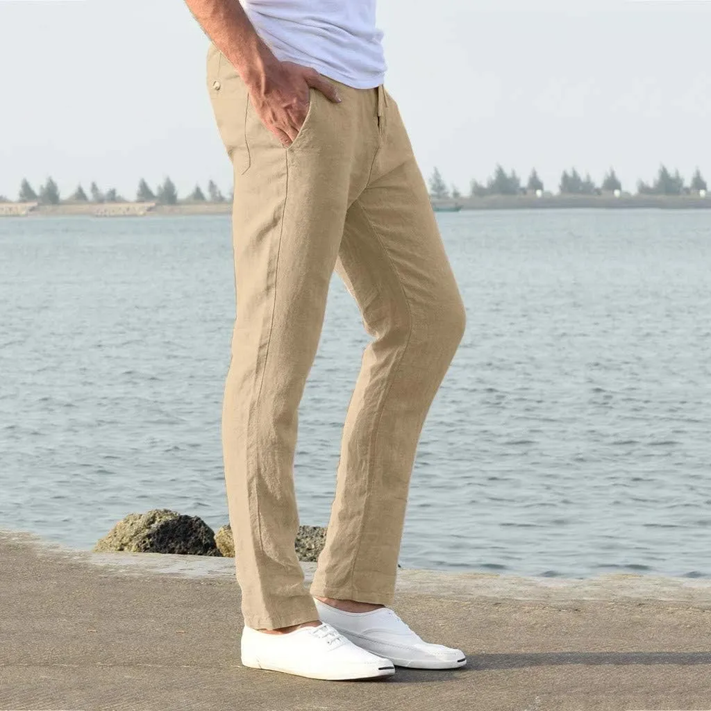 Dademeo Men Casual Pants Cotton Solid Elastic Waist Drawstring Long Pants Breathable Trousers Lounge Lightweight Chino Pants