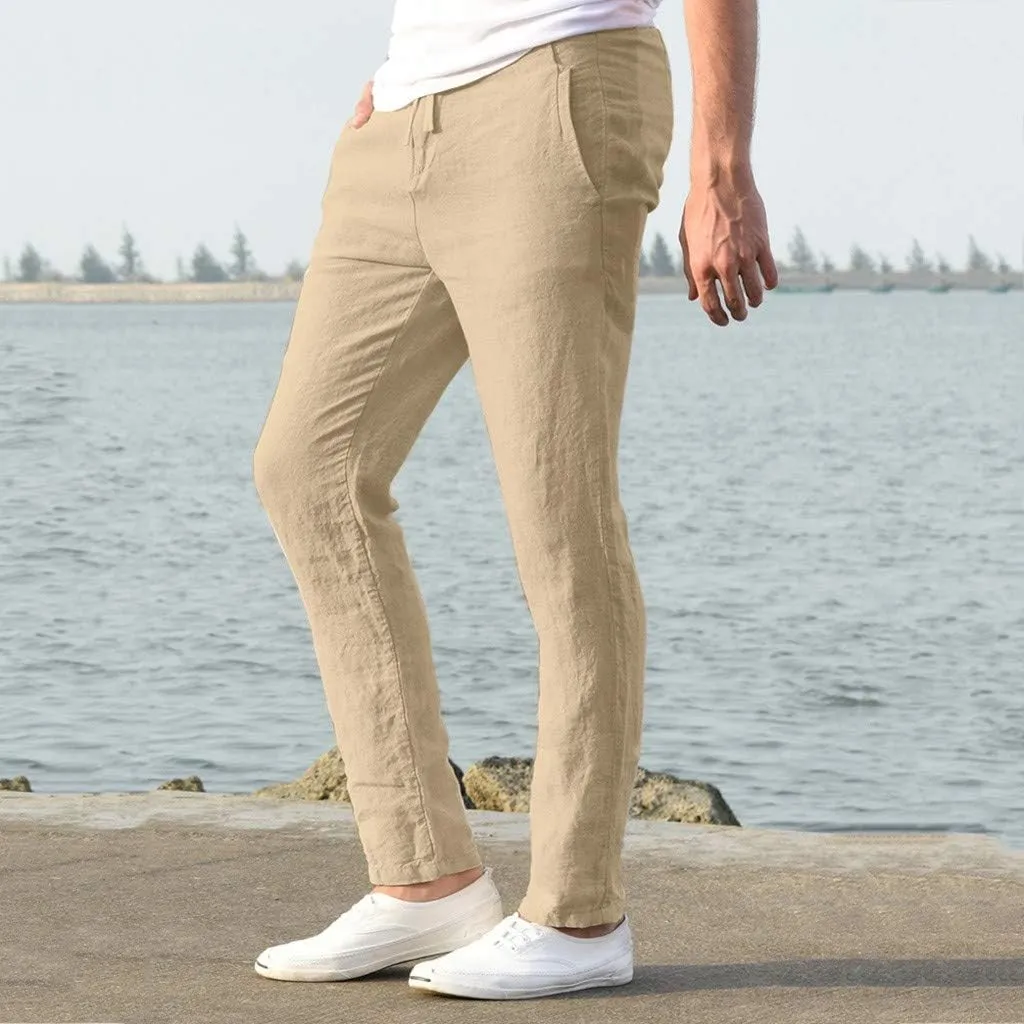 Dademeo Men Casual Pants Cotton Solid Elastic Waist Drawstring Long Pants Breathable Trousers Lounge Lightweight Chino Pants