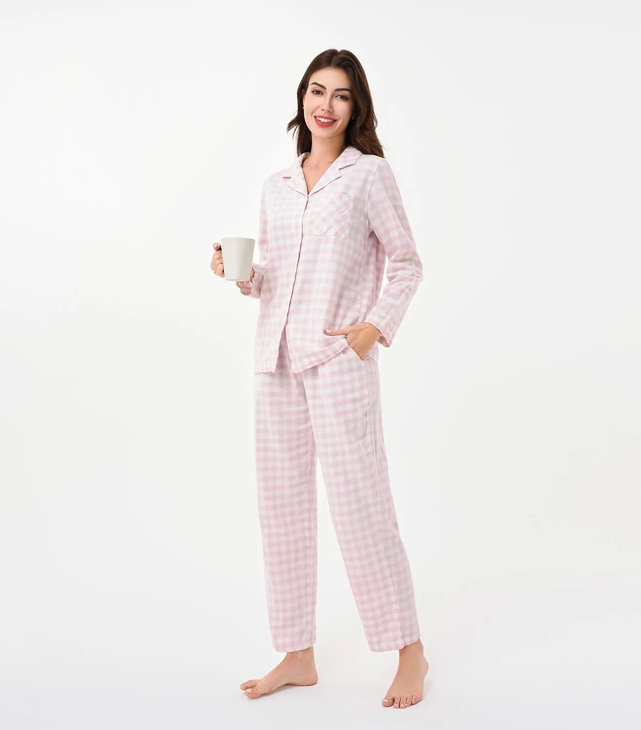 DAVID ARCHY 100% Cotton Pajamas for Women Soft 2 Piece Plaid PJS Sleepwear Loungewear Sets for Women Button Long Sleeve