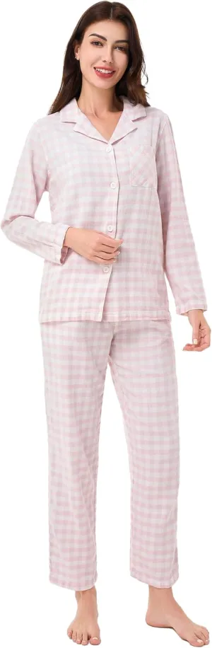 DAVID ARCHY 100% Cotton Pajamas for Women Soft 2 Piece Plaid PJS Sleepwear Loungewear Sets for Women Button Long Sleeve