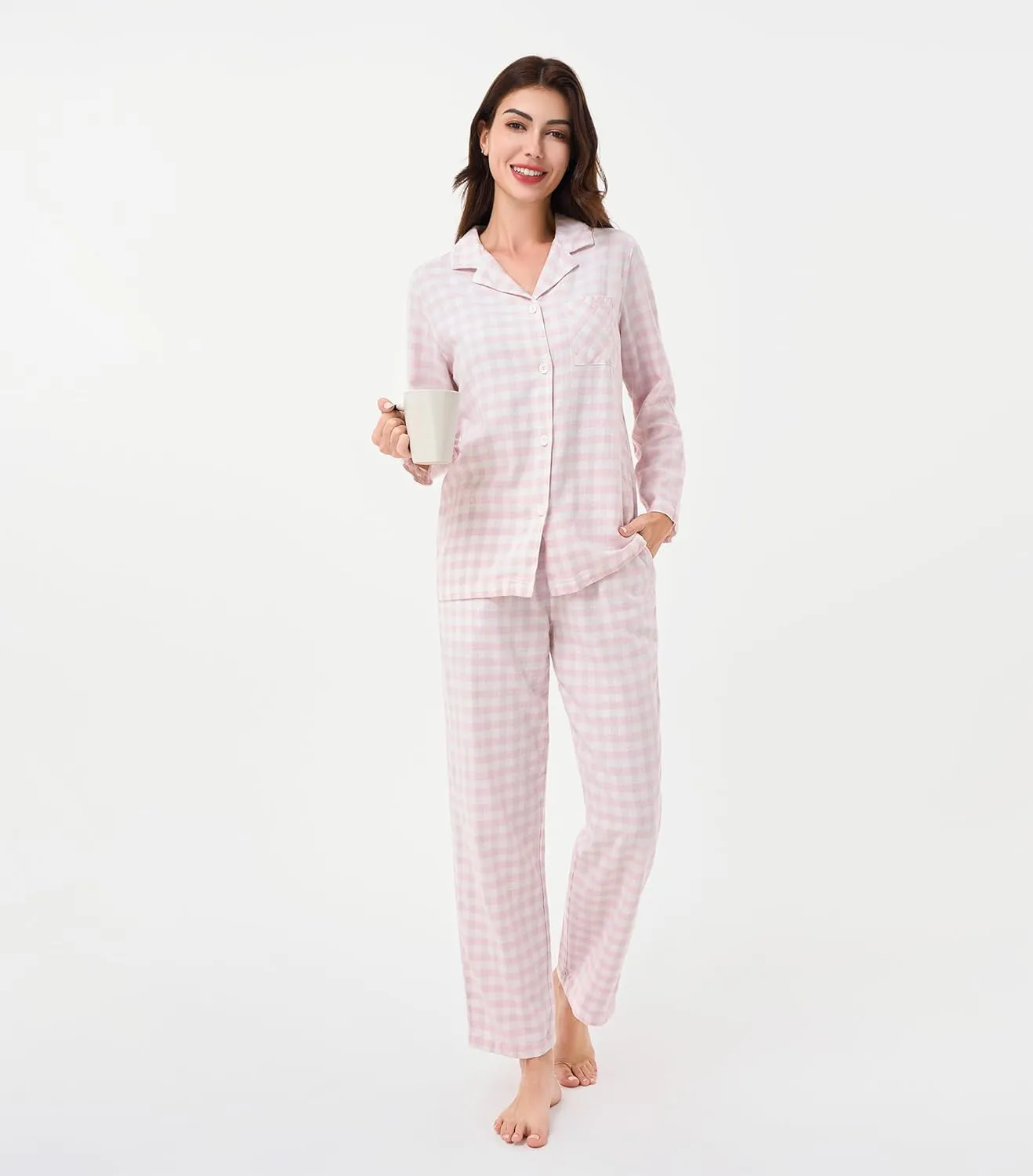 DAVID ARCHY 100% Cotton Pajamas for Women Soft 2 Piece Plaid PJS Sleepwear Loungewear Sets for Women Button Long Sleeve